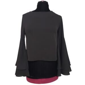 English Factory Tiered Keyhole‎ Chiffon Bell Sleeve Black Boatneck Blouse